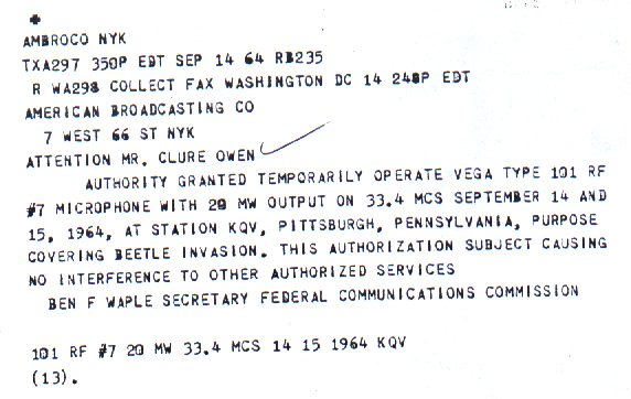 FCC Authorization for Beatles Broadcast